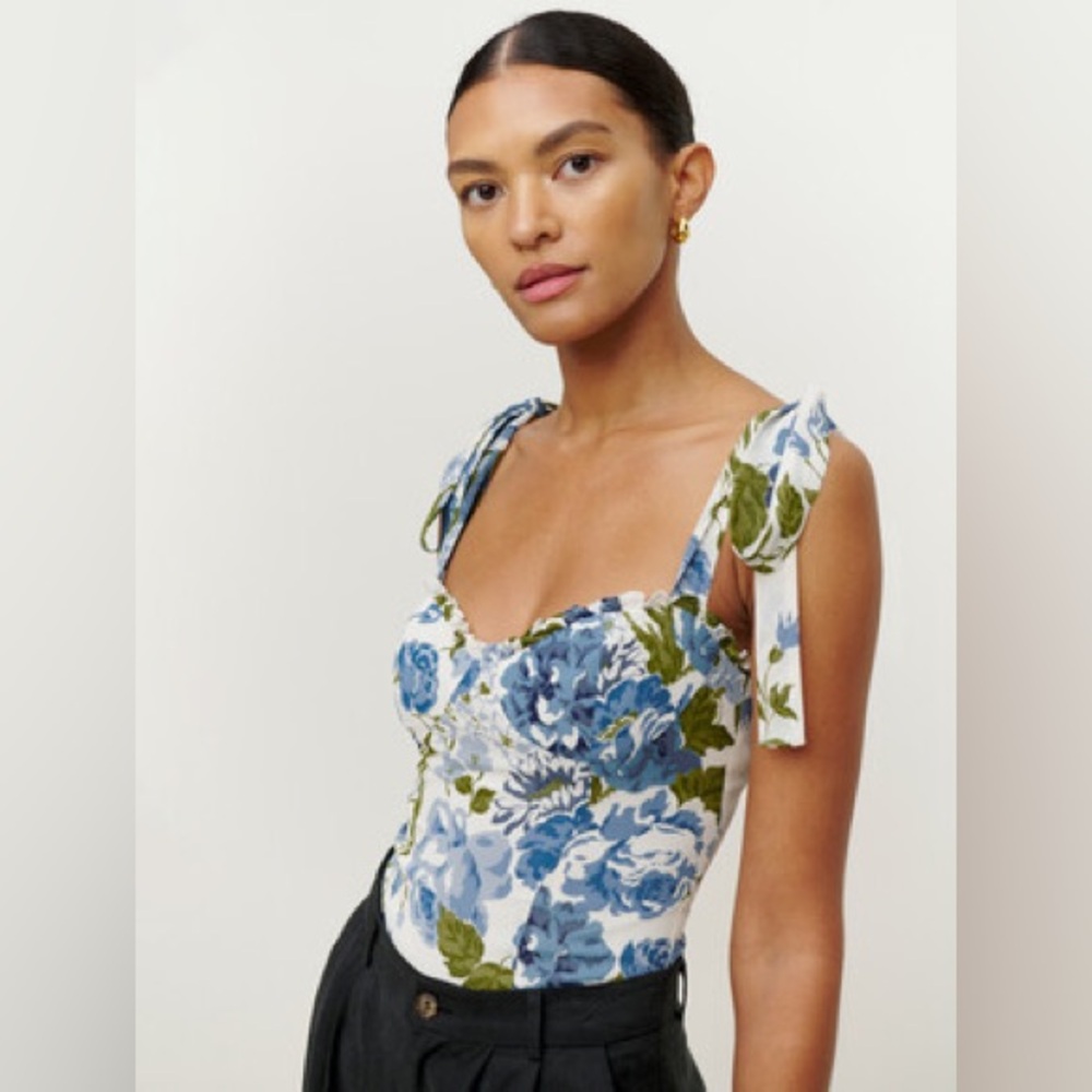 Reformation Blue Floral Tie-Shoulder Bustier Top